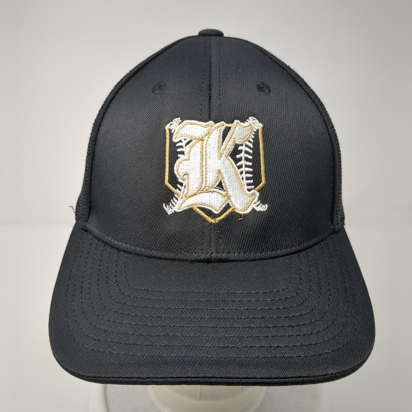 Old English K Fitted Mesh Back Trucker Hat Black 7 3/8-8 Embroidered