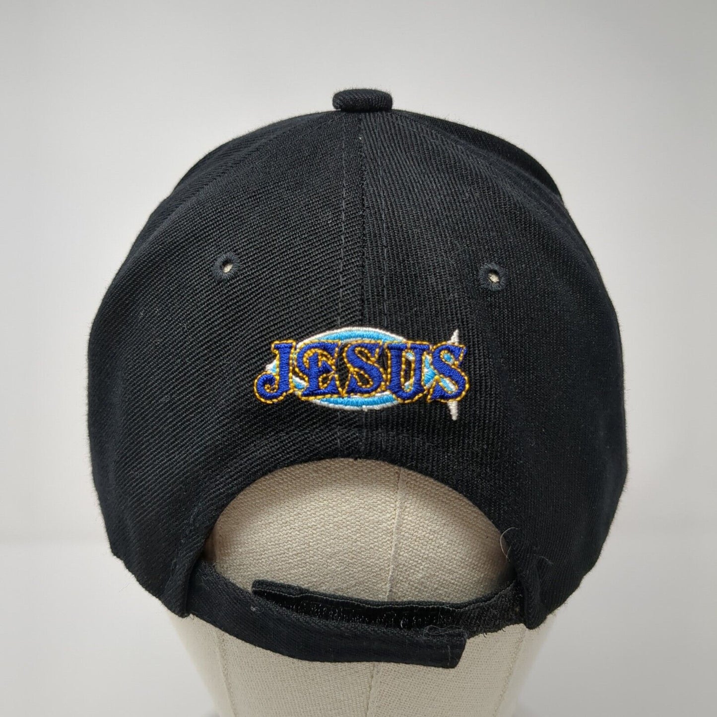 Jesus Has Me Hooked Strapback Hat Black One Size Embroidered 6 Panel
