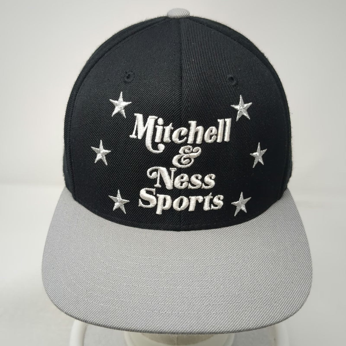 Mitchell & Ness Snapback Hat Black Gray White One Size Flat Brim Logo Stars