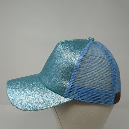 Glitter Ponytail Trucker Hat Blue One Size Adjustable Mesh Back Blank