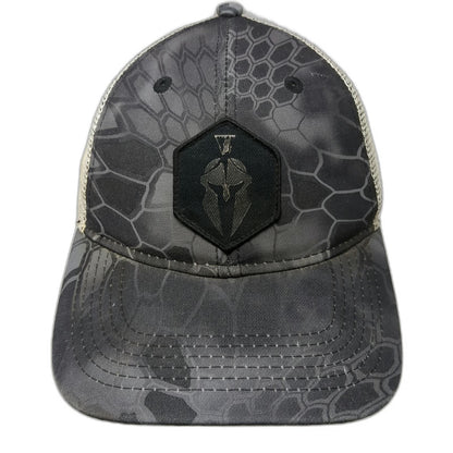 Kryptek Trucker Hat Gray One Size Camo Mesh Back Spartan Helmet Logo Snapback