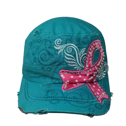 Cancer Awareness Pink Ribbon Cadet Army Cap Greenish-Blue One Size Distressed