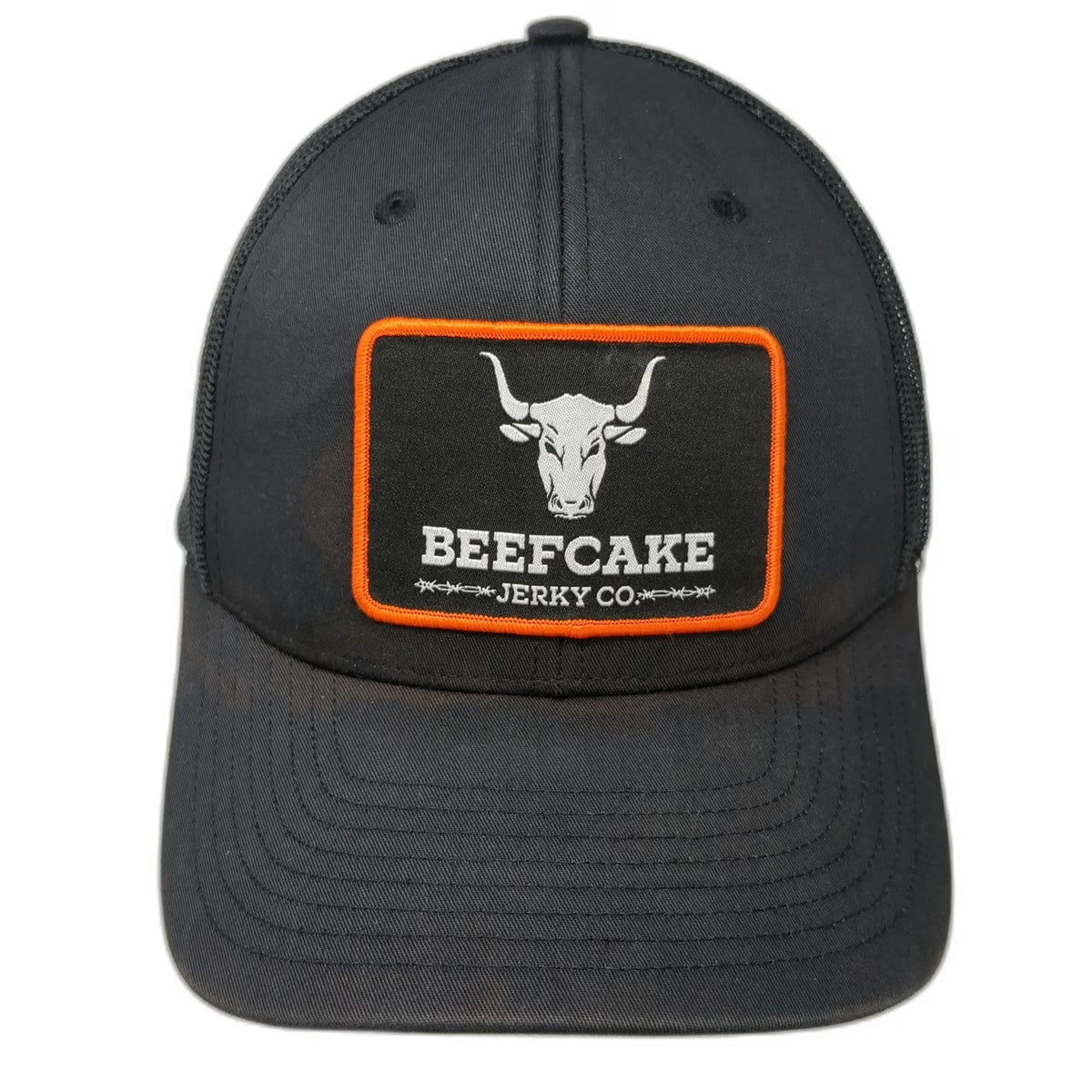 Richardson Trucker Hat Black One Size Beefcake Jerky Co Bull Patch Snapback