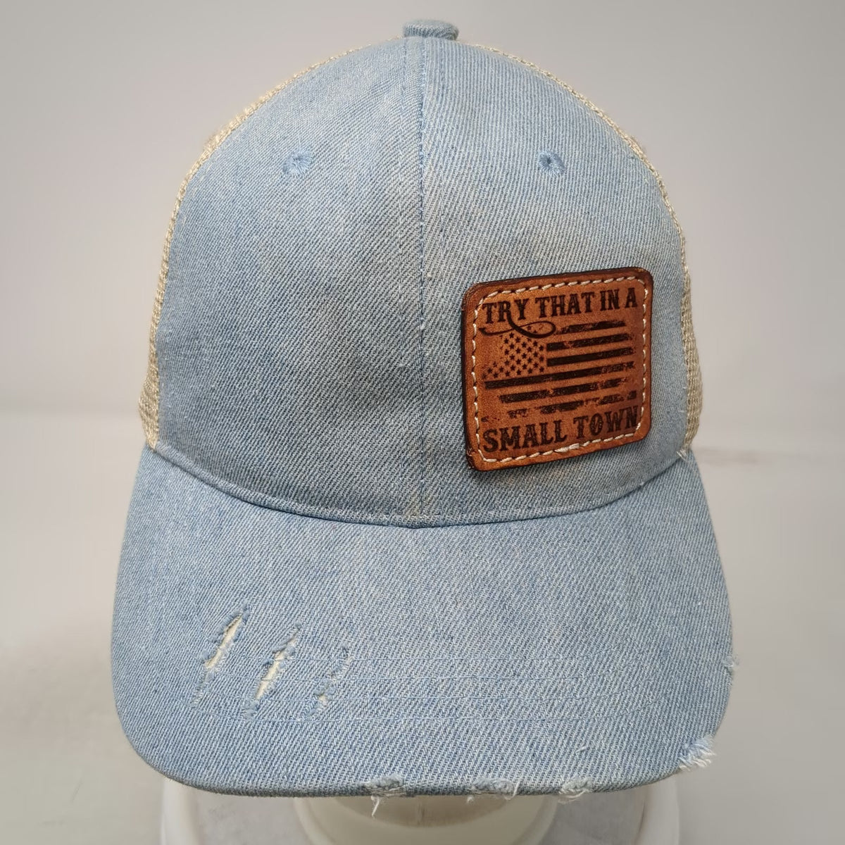 Trucker Hat Blue One Size Snapback Mesh Try That In A Small Town Leather Patch