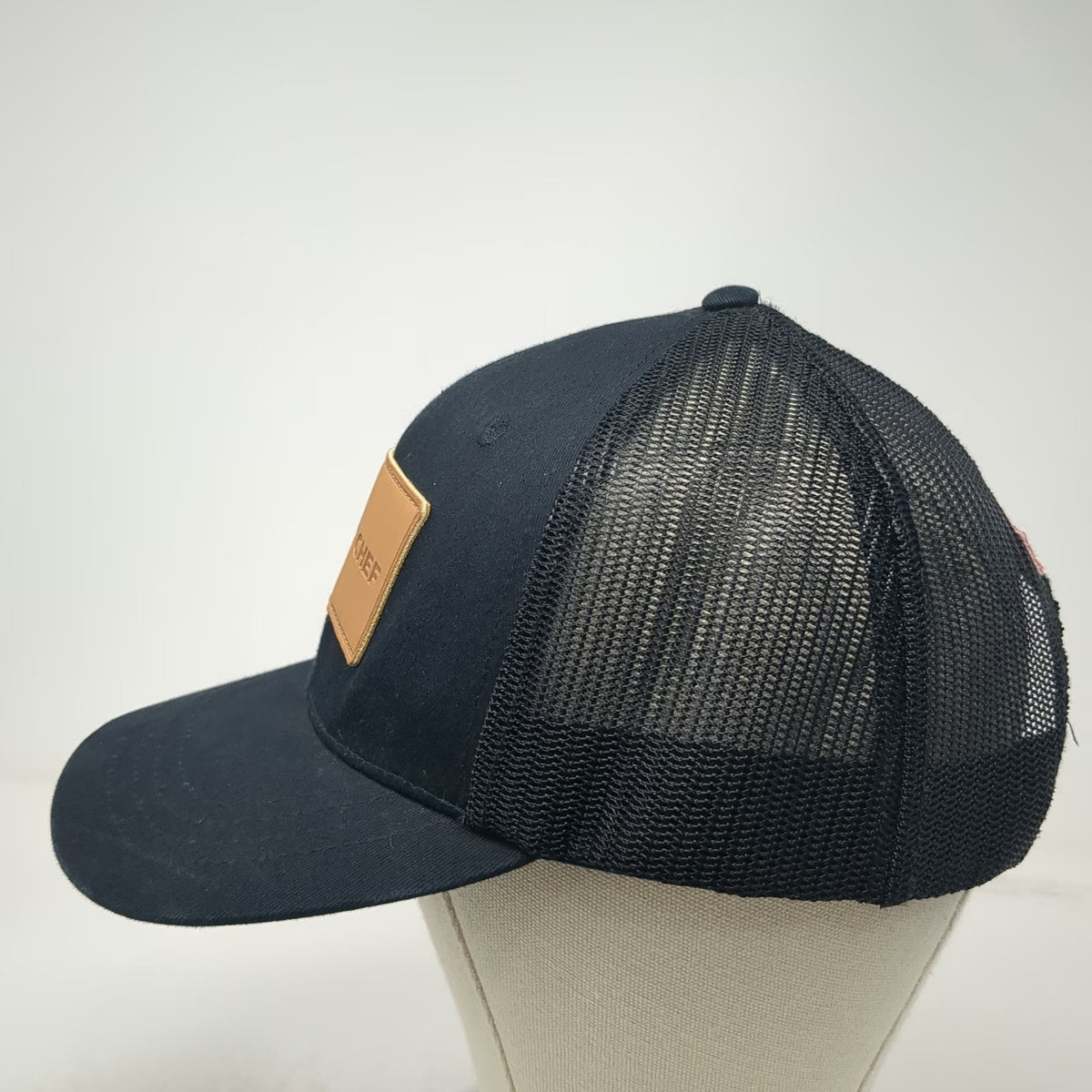 Camp Chef Trucker Hat Black One Size Mesh Back Embossed Leather Patch Snapback