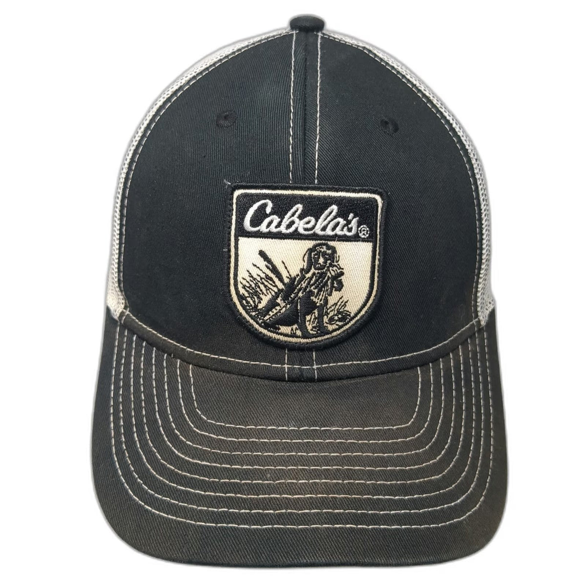 Cabela's Trucker Hat Black White One Size Mesh Back Hunting Dog Patch Snapback
