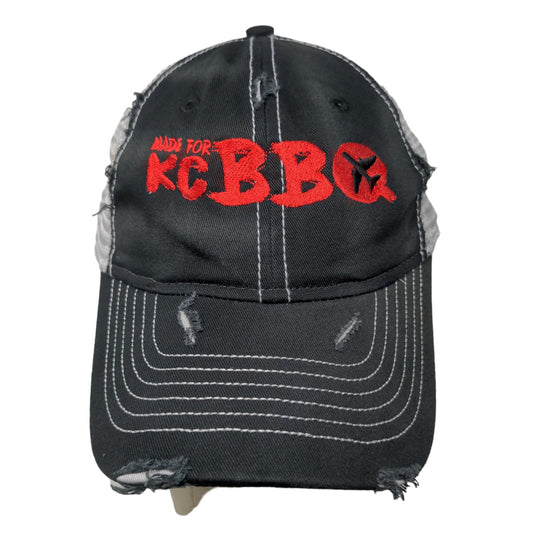 KC BBQ Barbeque Men's Slideback Mesh Back Hat Black White Embroidered Distressed