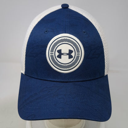 Under Armour Baseball Cap Blue White XL Fitted Mesh Back UA Golf Patch Hat
