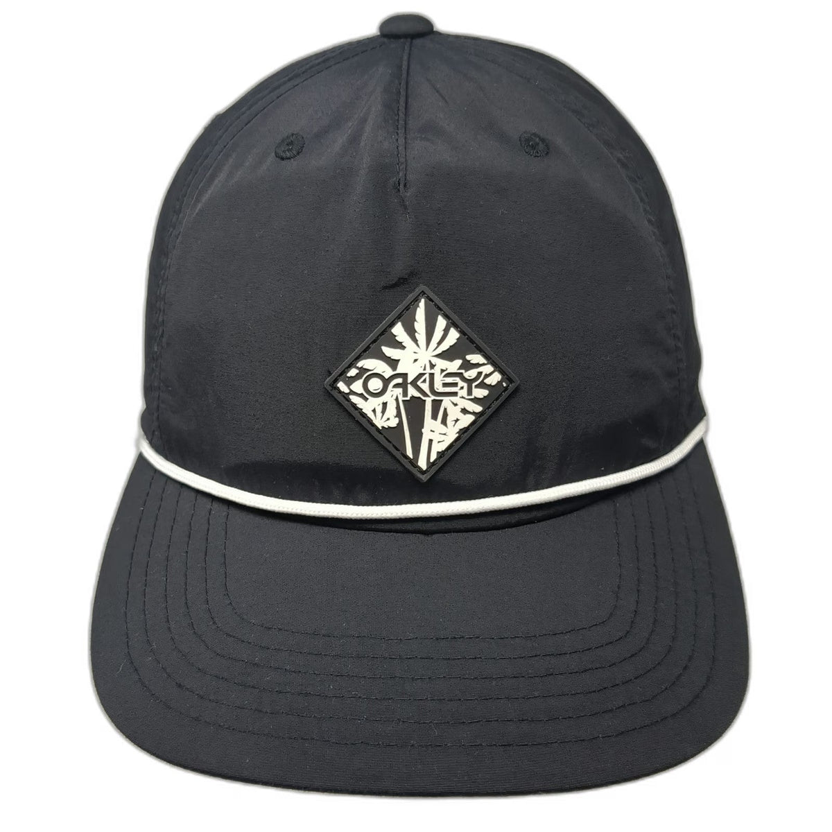 Oakley 5 Panel Hat Black OSFM Snapback Rope Palm Tree Diamond Patch Nylon Sport