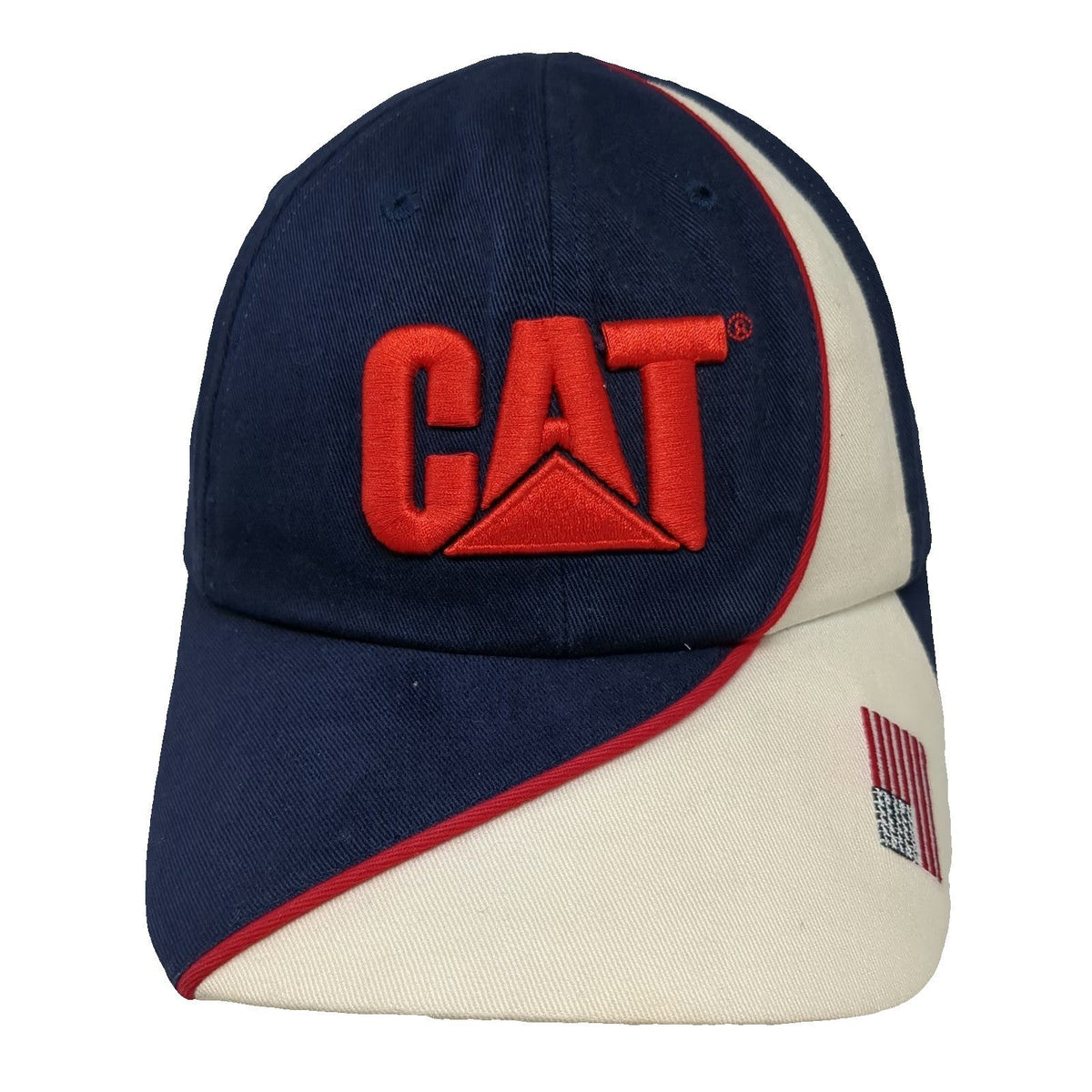 Caterpillar Baseball Cap Blue White Red One Size USA Flag Curved Brim Logo Hat