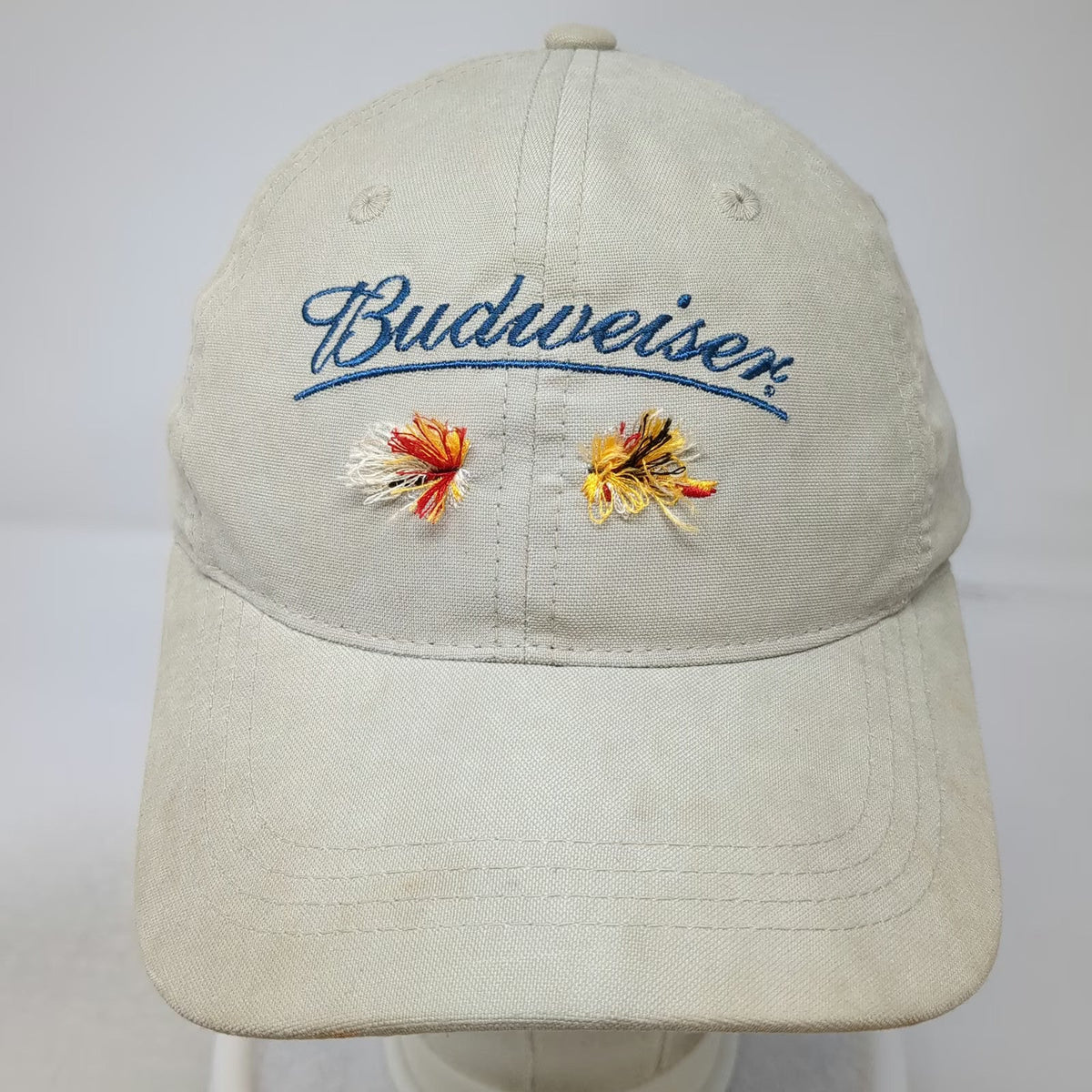 Budweiser Beer Logo Baseball Cap Beige Fly 2002 Fishing Lure Brim Hat Vintage