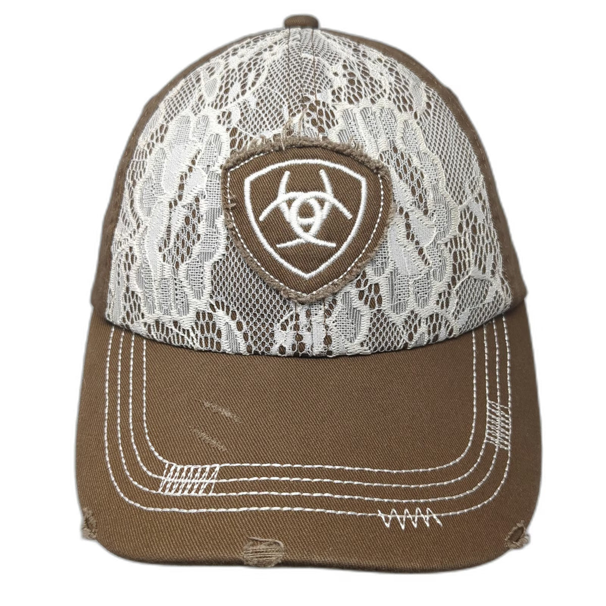 Ariat Baseball Cap Brown White OSFM Floral Lace Front Logo Strapback Stitch Hat