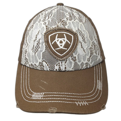 Ariat Baseball Cap Brown White OSFM Floral Lace Front Logo Strapback Stitch Hat