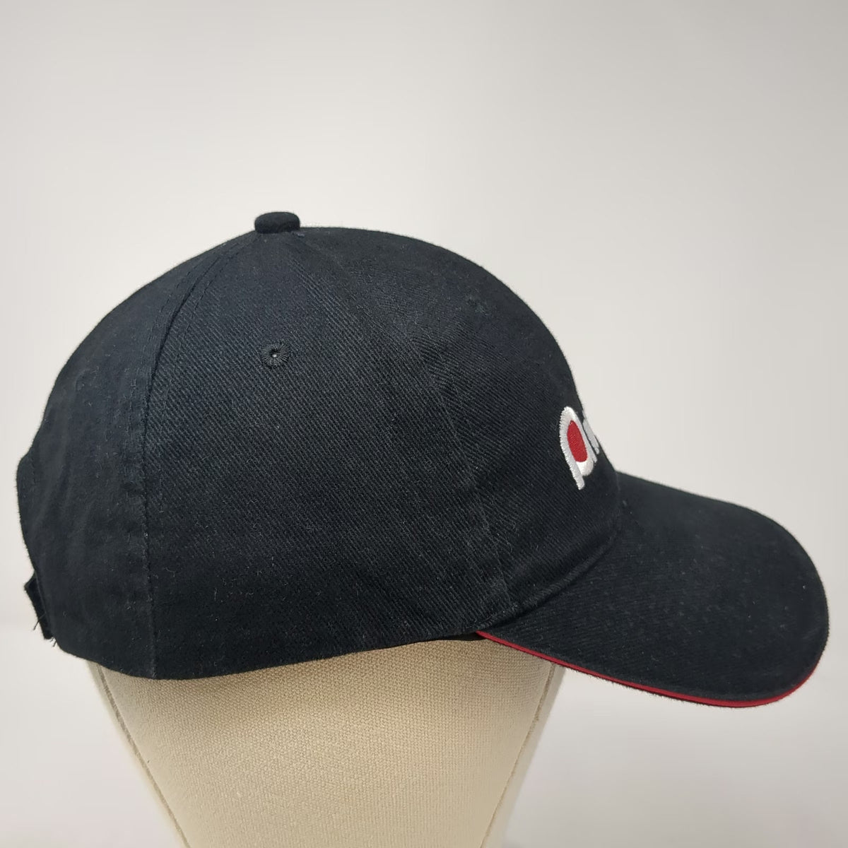 Amada Hat Baseball Cap Black One Size Strapback Embroidered Logo Red Trim