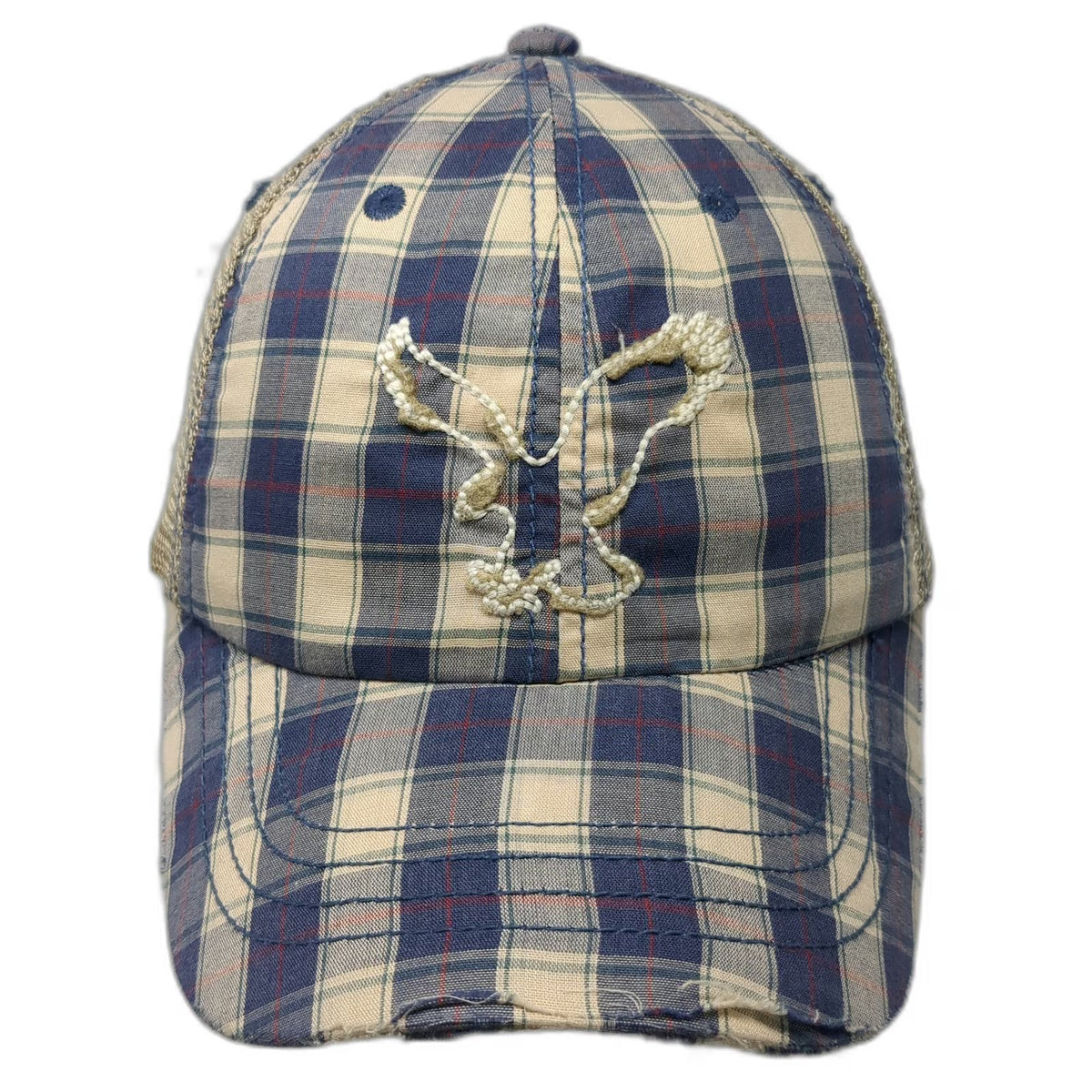 American Eagle Trucker Hat Blue Beige One Size Plaid Distressed Snapback 1977