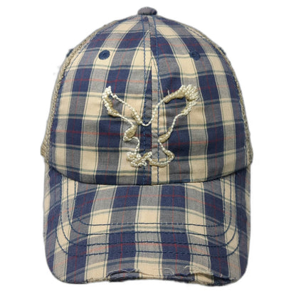 American Eagle Trucker Hat Blue Beige One Size Plaid Distressed Snapback 1977