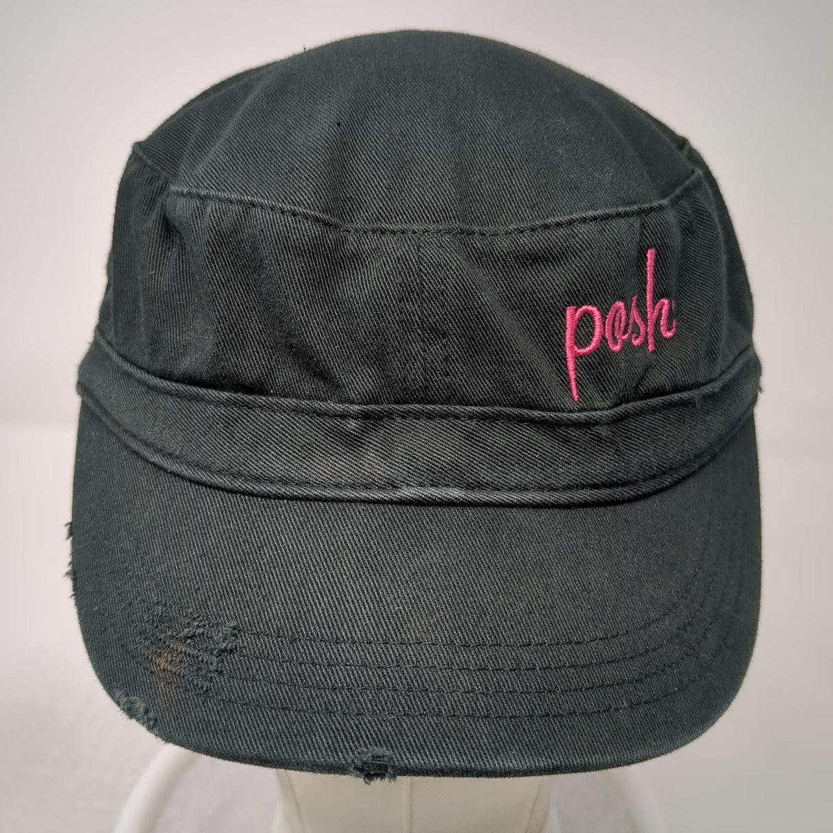 District Army Cap Black One Size Pink Posh Script Embroidery Frayed Edge Hat