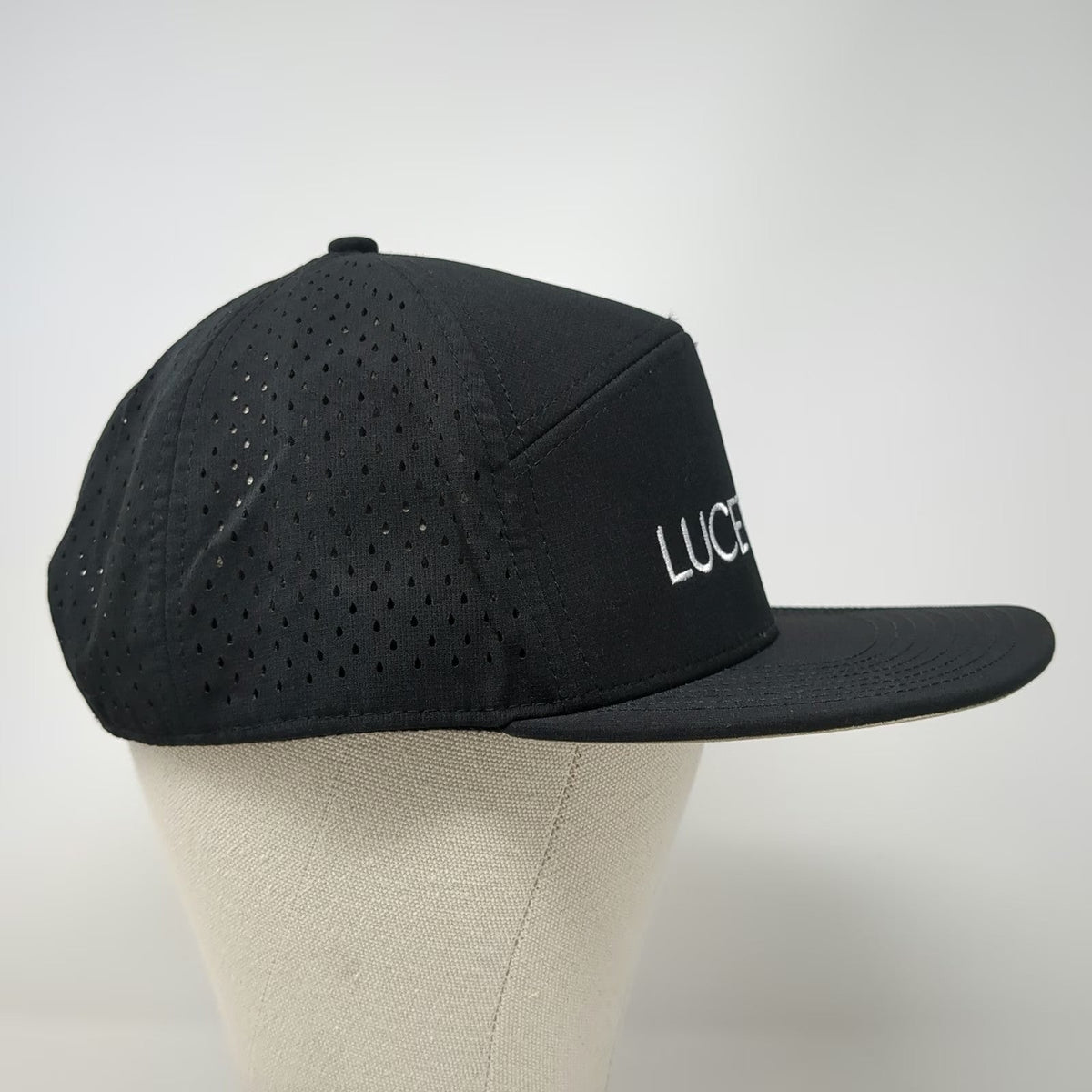 Lucetta CI Trucker Hat Black One Size Perforated Snapback Flat Brim Breathable
