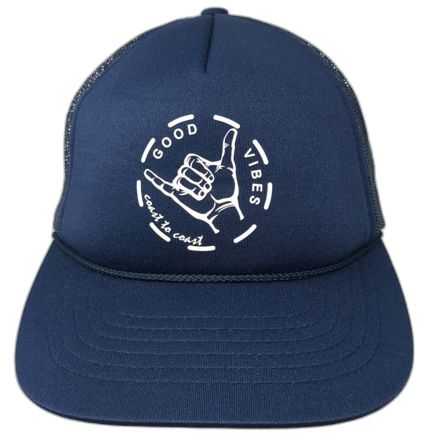 Richardson Trucker Hat Blue One Size Shaka Good Vibes Coast to Coast Mesh Rope