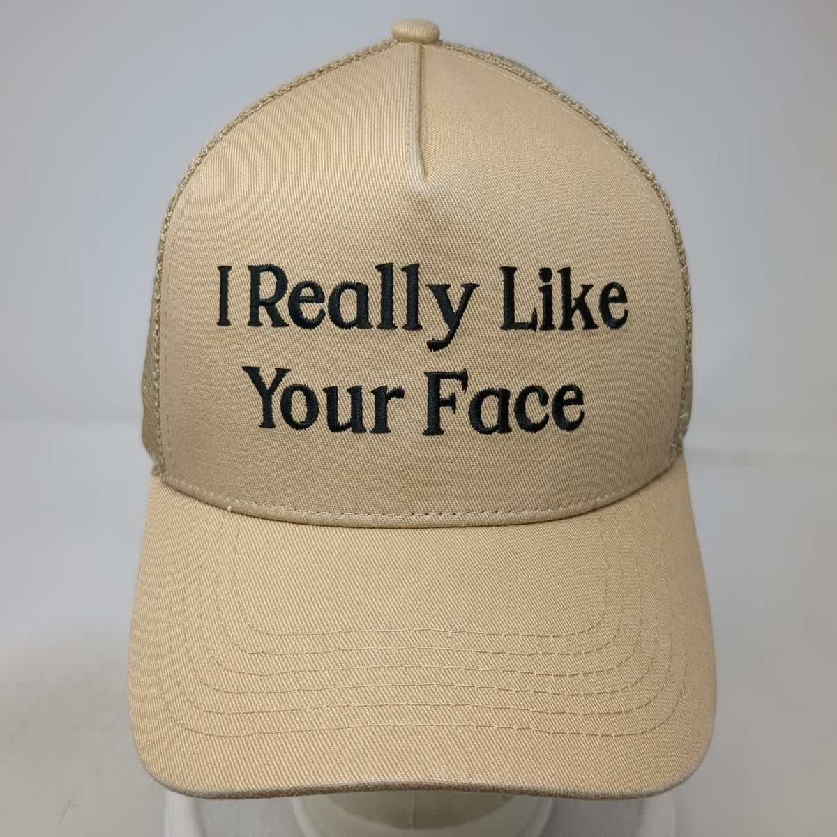 Foundrie Trucker Hat Beige OSFM Snapback I Really Like Your Face Mesh Graphic