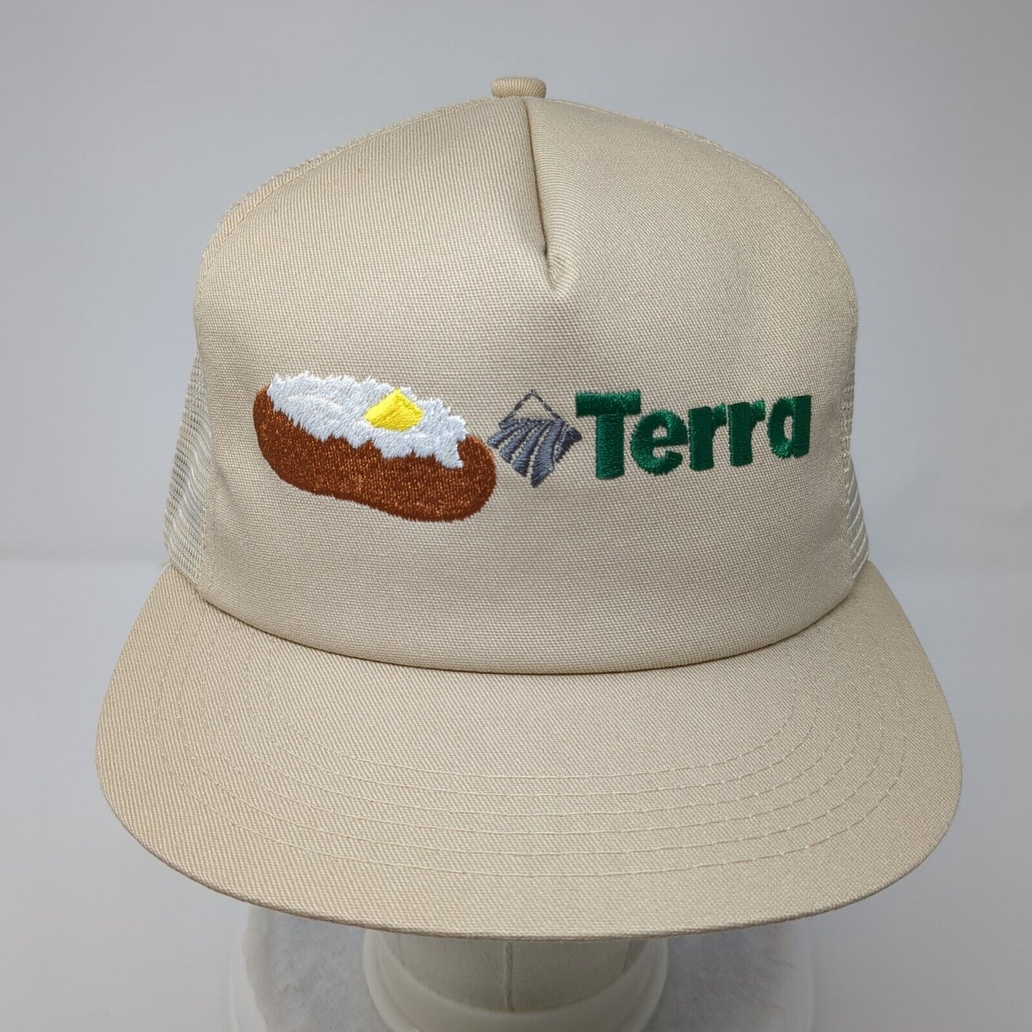 Terra Snapback Mesh Back Trucker Hat Tan OSFA Adjustable Embroidered