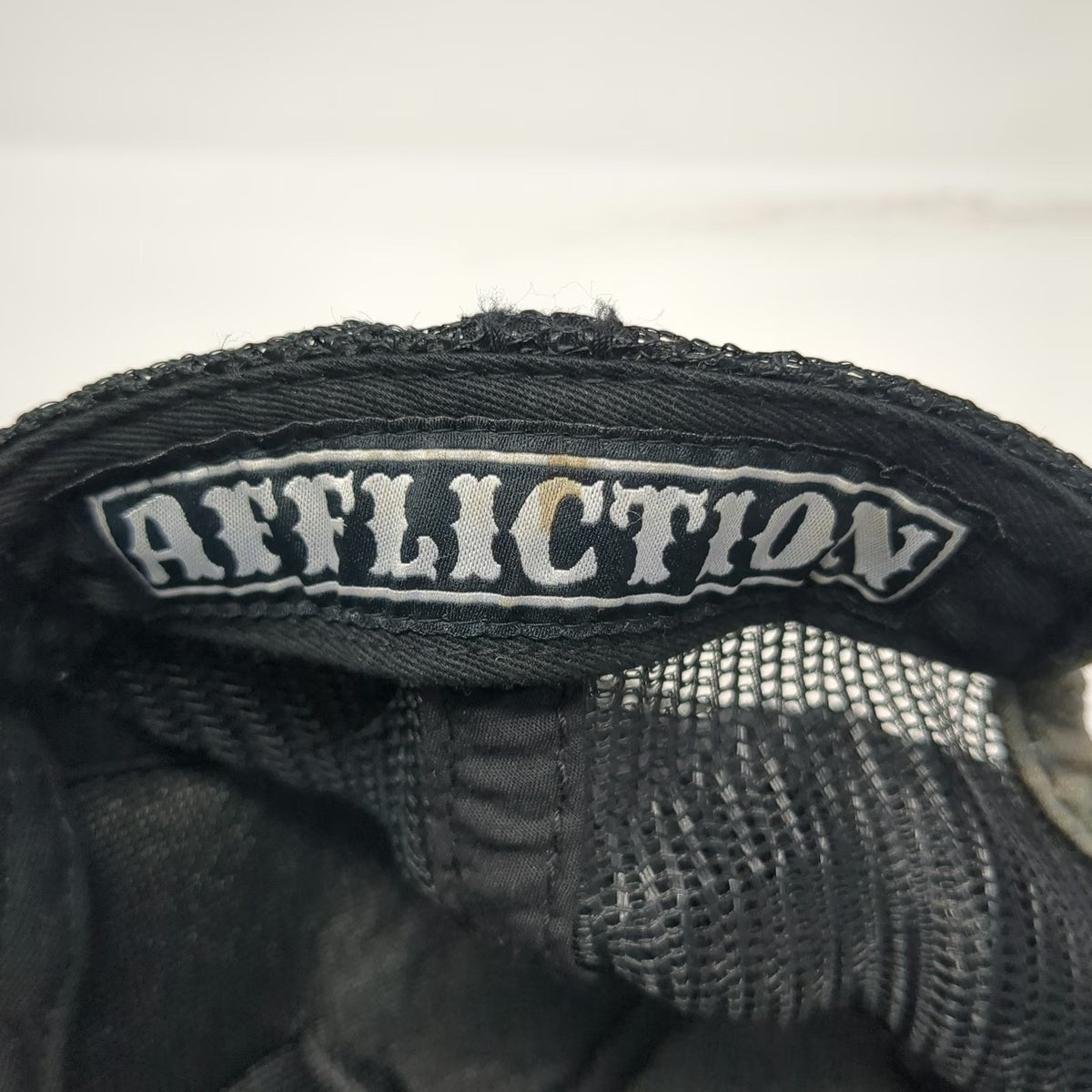 Affliction Trucker Hat Gray One Size Distressed Brim Camo USA Flag Snapback