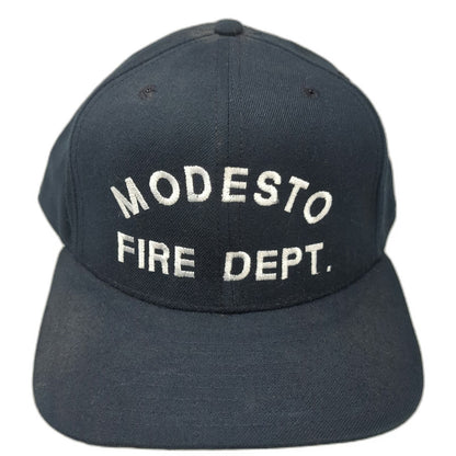 New Era Modesto Fire Dept Baseball Cap Hat Blue 7 3/4 Fitted Vintage USA