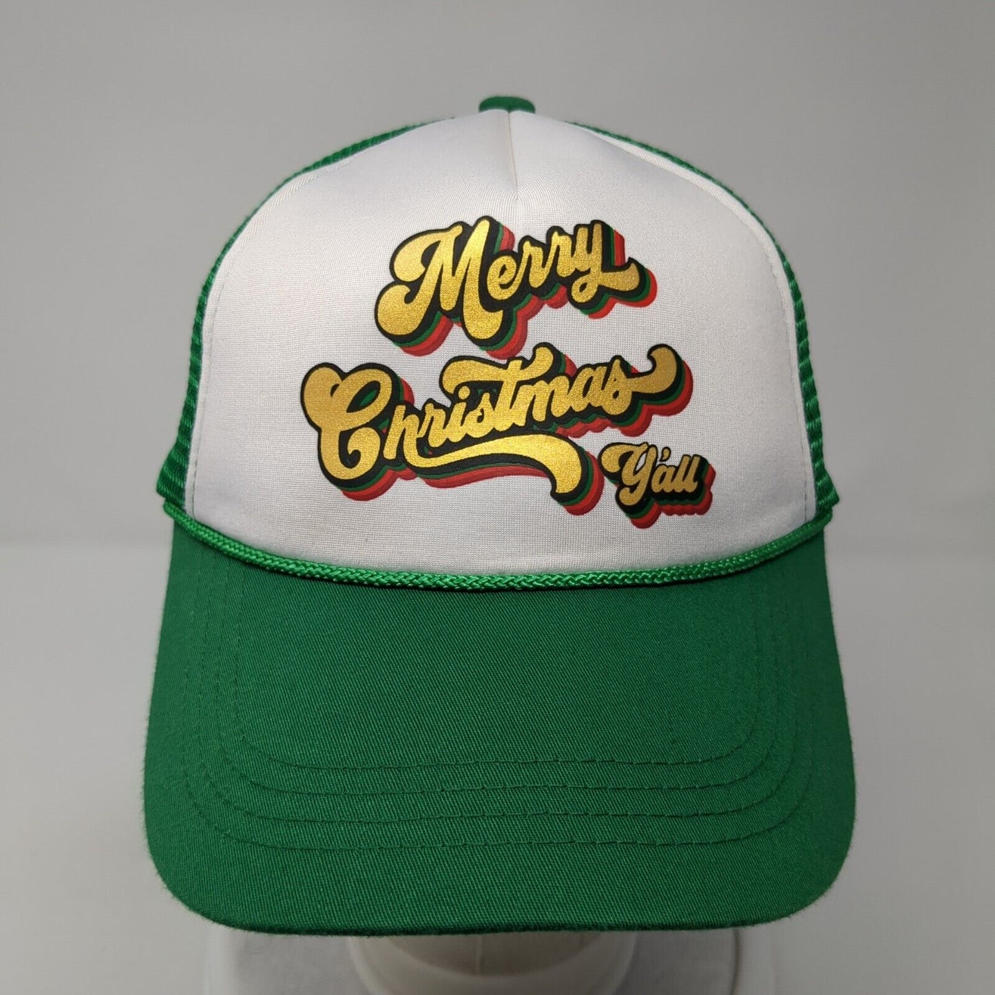 Merry Christmas Y’all Snapback Rope Trucker Hat Green One Size Mesh Back