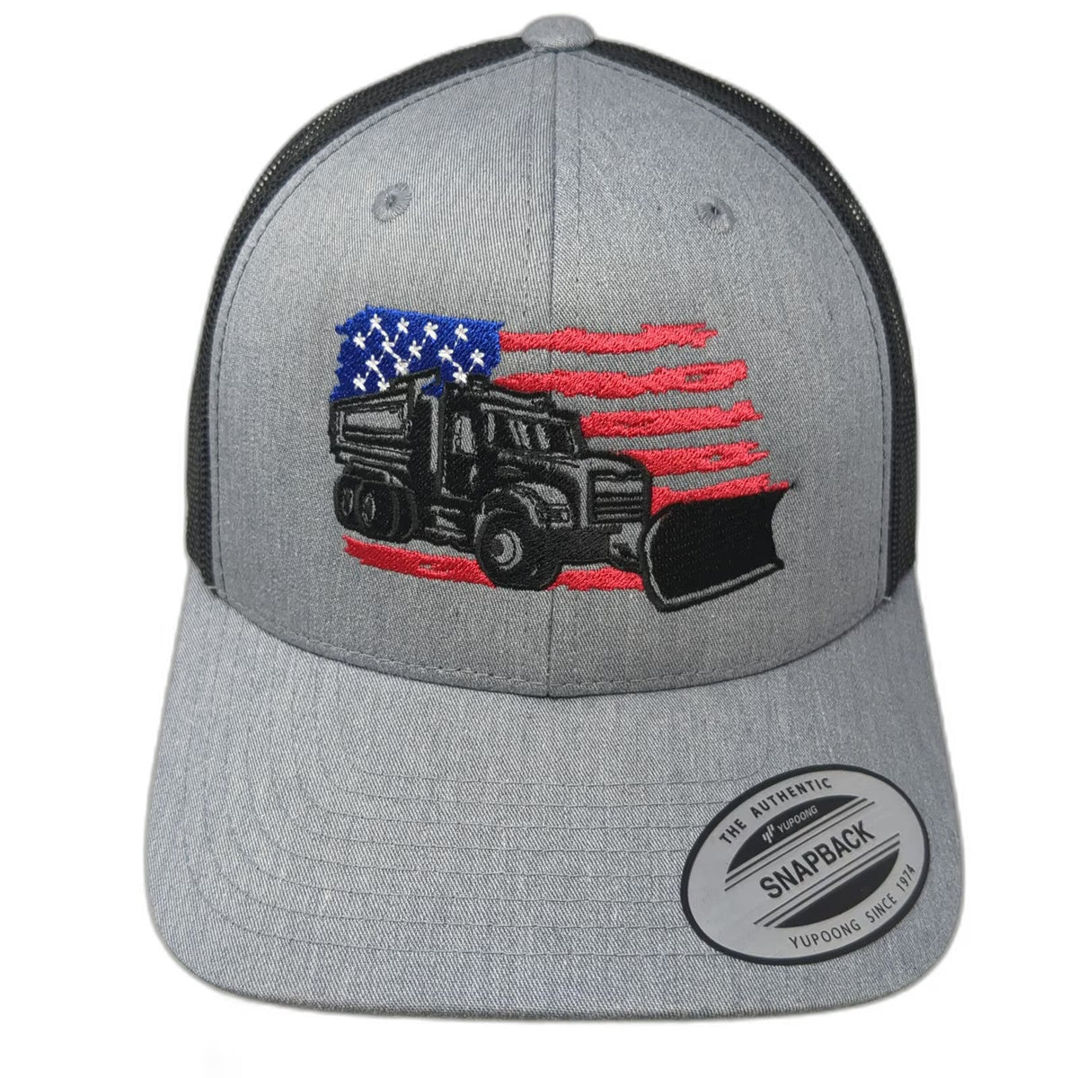 Yupoong Trucker Hat Gray One Size Dump Truck Snow Plow American Flag Snapback