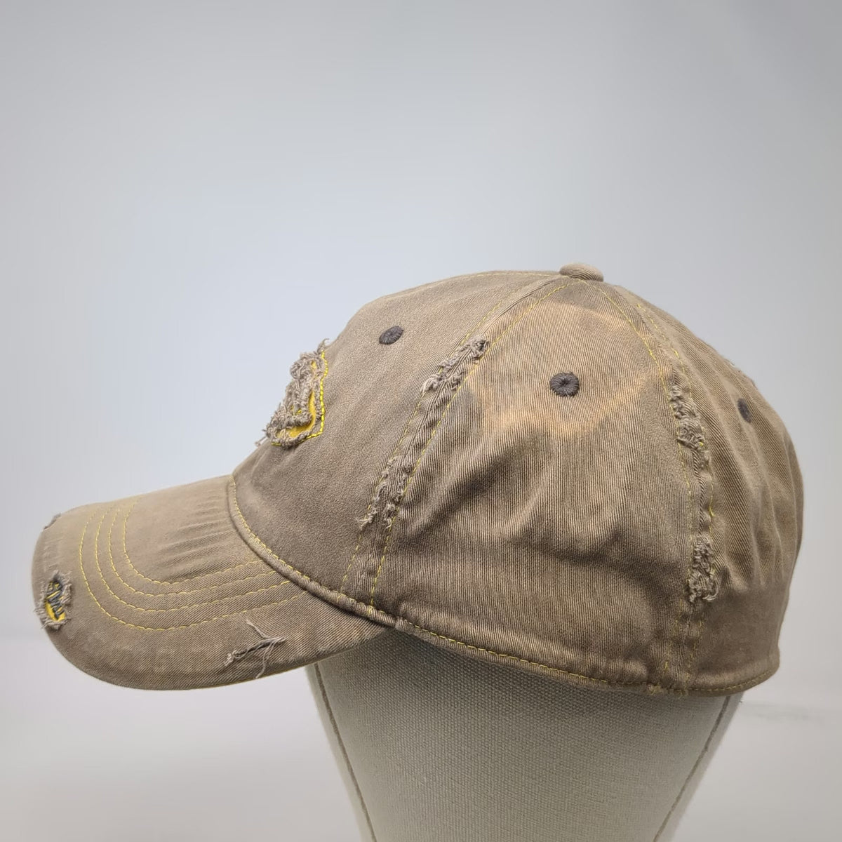 Smith Baseball Cap Brown XL Distressed Yellow Stitching Stretch Fit Logo Hat