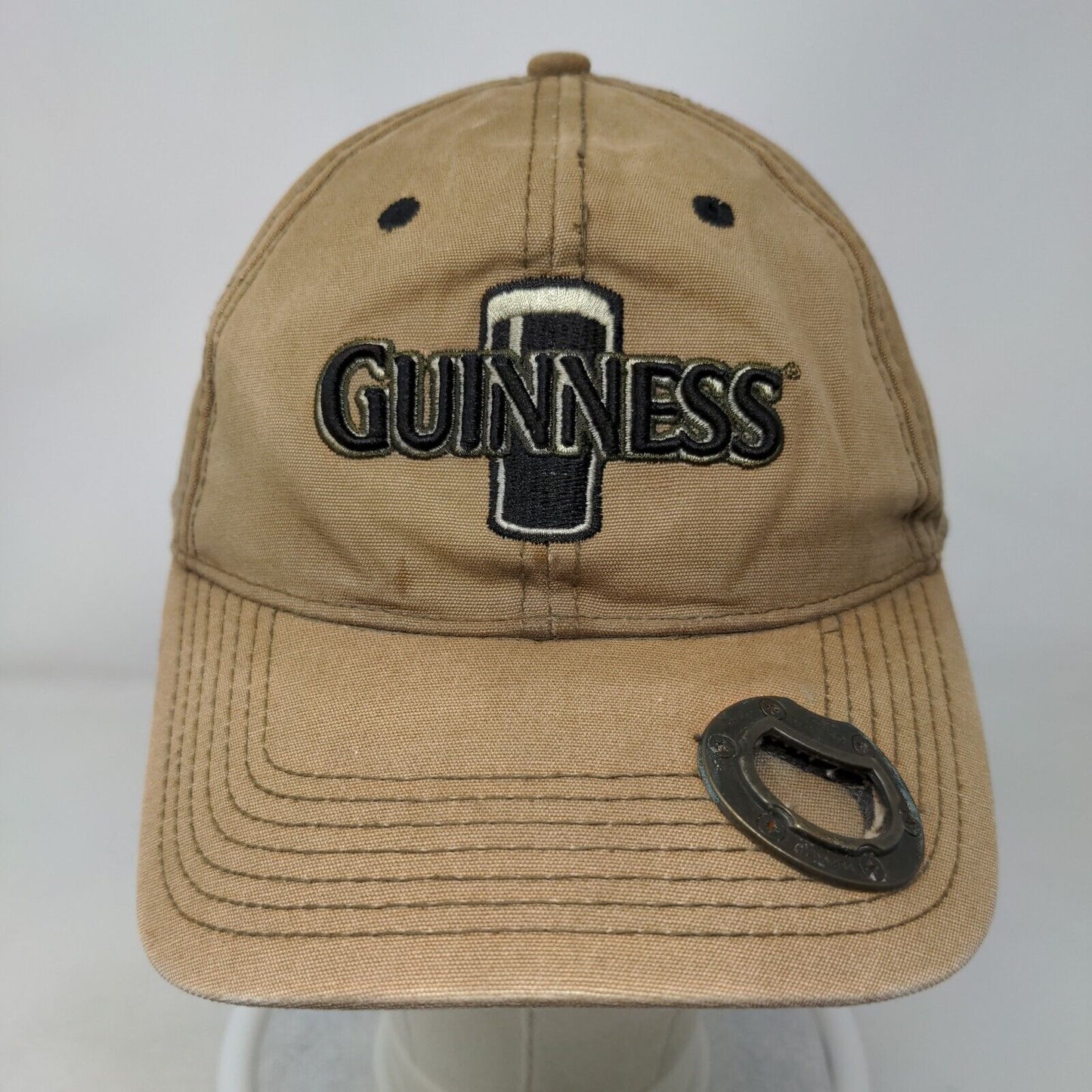 Guinness Beer Strapback Hat Tan OSFM Embroidered 6 Panel Bottle Opener