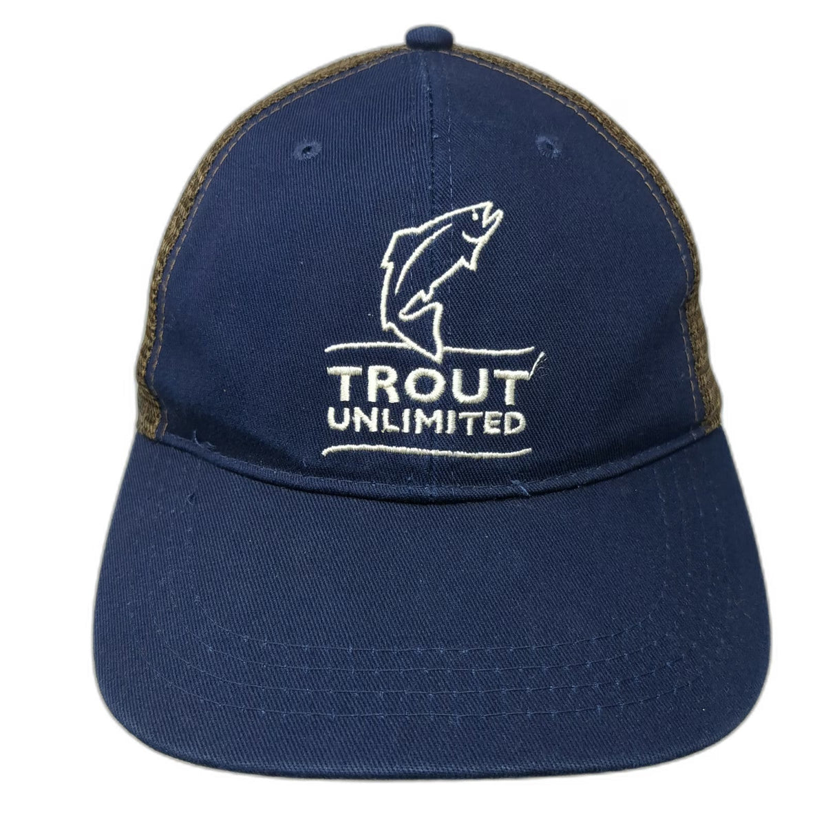 Trout Unlimited Baseball Cap Blue Brown OSFM Mesh Back Curved Brim Fishing Hat