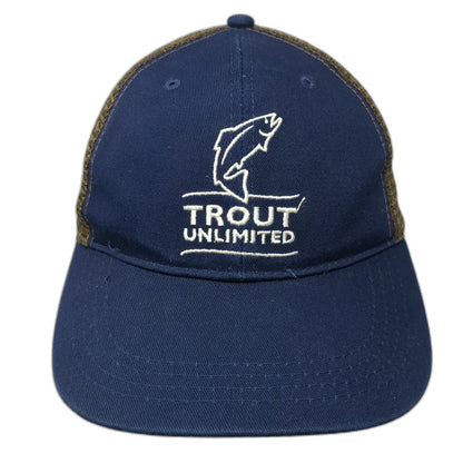 Trout Unlimited Baseball Cap Blue Brown OSFM Mesh Back Curved Brim Fishing Hat