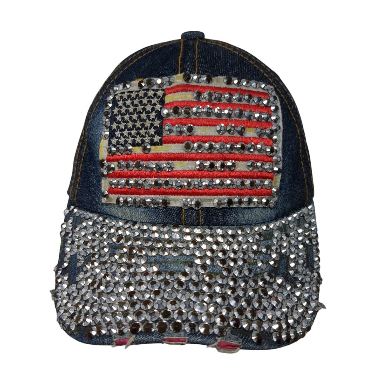 USA Flag Patch Bling Slideback Hat Blue Denim One Size Rhinestone