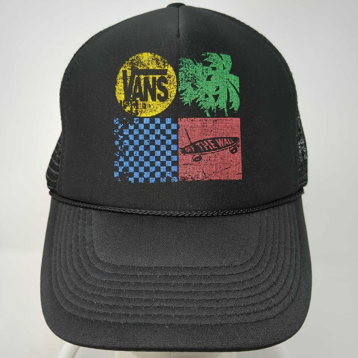 Vans Trucker Hat Black One Size Mesh Back Snapback Palm Tree Checkerboard