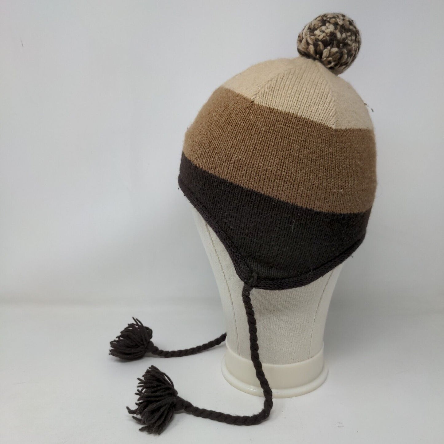 Unbranded Beanie Hat Brown One Size Ear Flap Blank Braided Pom Pom Winter