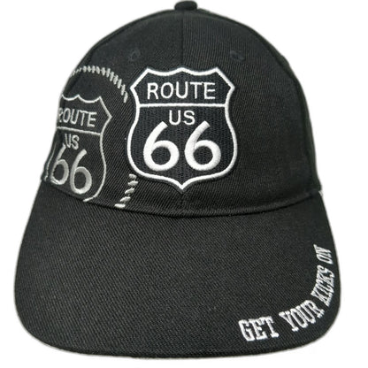 Route 66 Baseball Cap Black One Size Get Your Kicks On Road Sign Strapback Hat