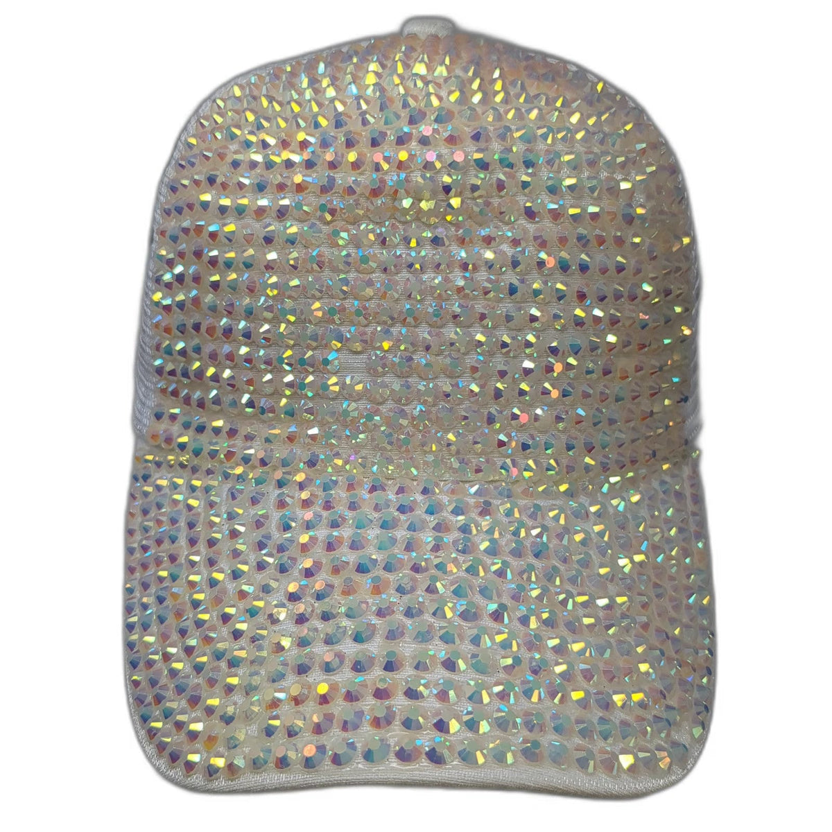 Trucker Hat White One Size Iridescent Rhinestones Gems Mesh Back Snapback Bling