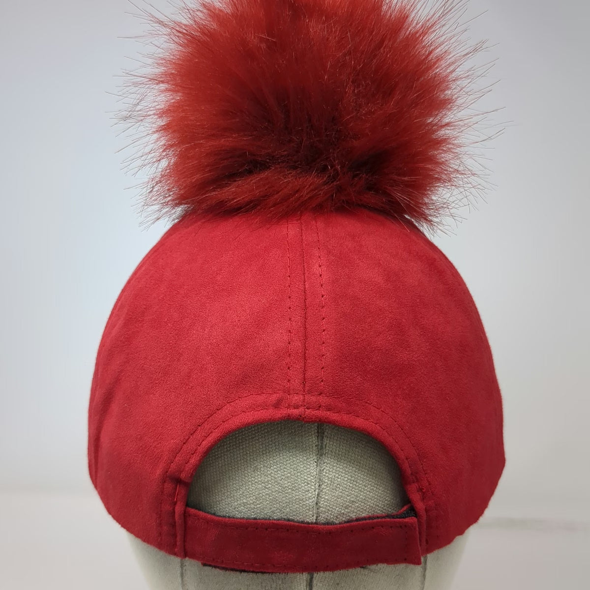 Red Baseball Cap One Size Strapback Faux Suede Pom Pom Fuzzy Furry Top Solid Hat