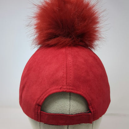 Red Baseball Cap One Size Strapback Faux Suede Pom Pom Fuzzy Furry Top Solid Hat