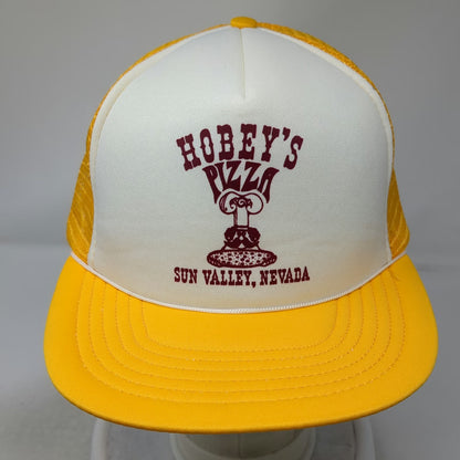 Yellow Trucker Hat Hobey's Pizza Sun Valley Nevada Snapback Foam Mesh Vintage