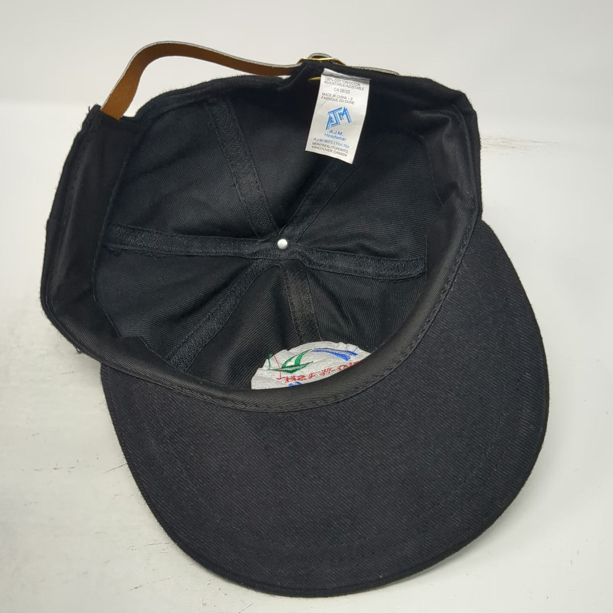 AJM Baseball Cap Black One Size Slideback Hat Bio-Wash Factory Certified Logo