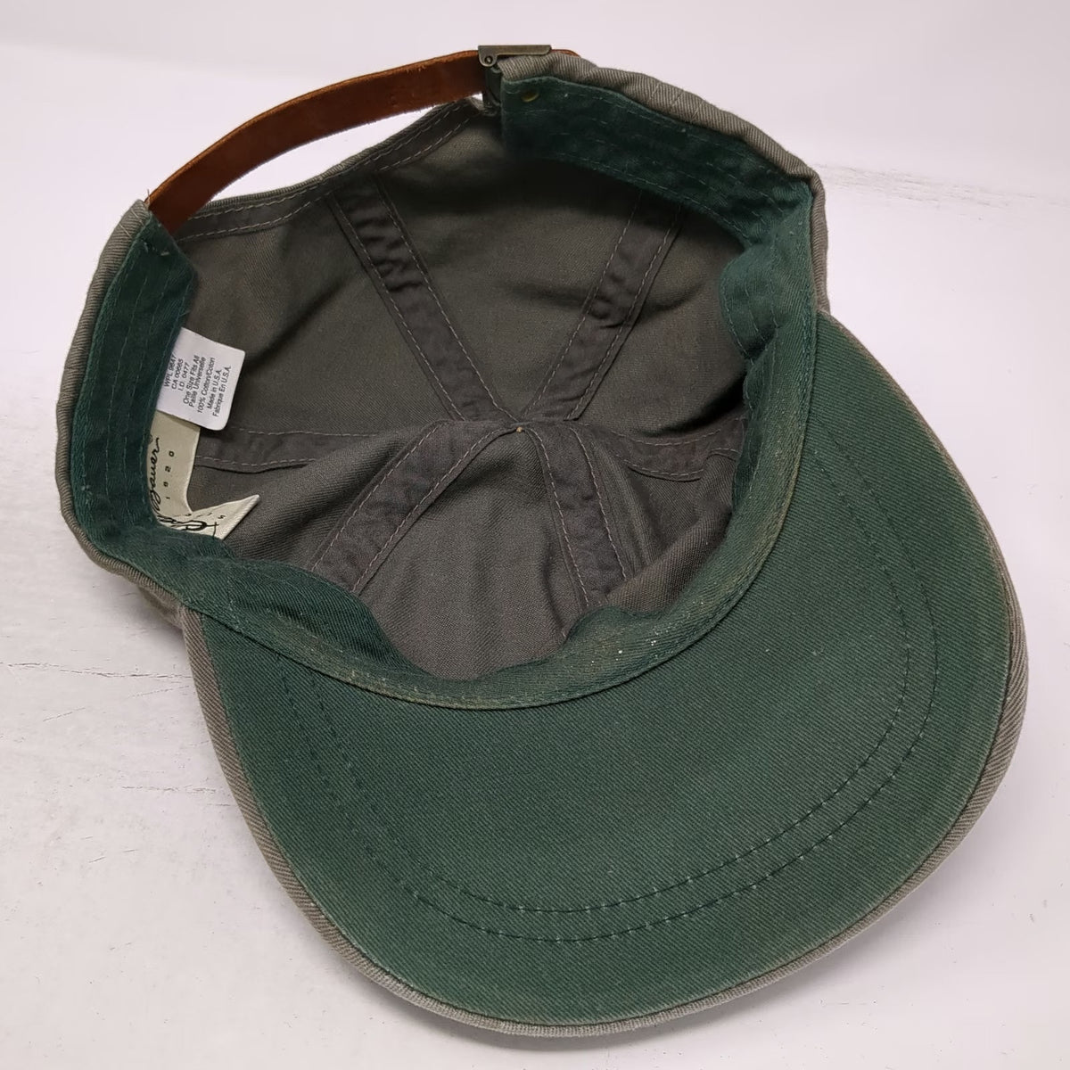 Eddie Bauer Baseball Cap Green Leather Strap Cotton Metal Eyelets Hat Vintage