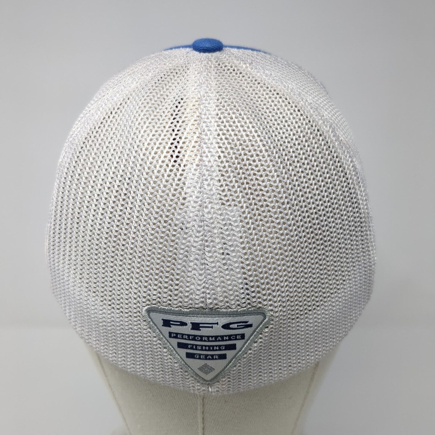 Columbia PFG Fitted Mesh Back Trucker Hat Blue S/M USA Fish Flag Patch