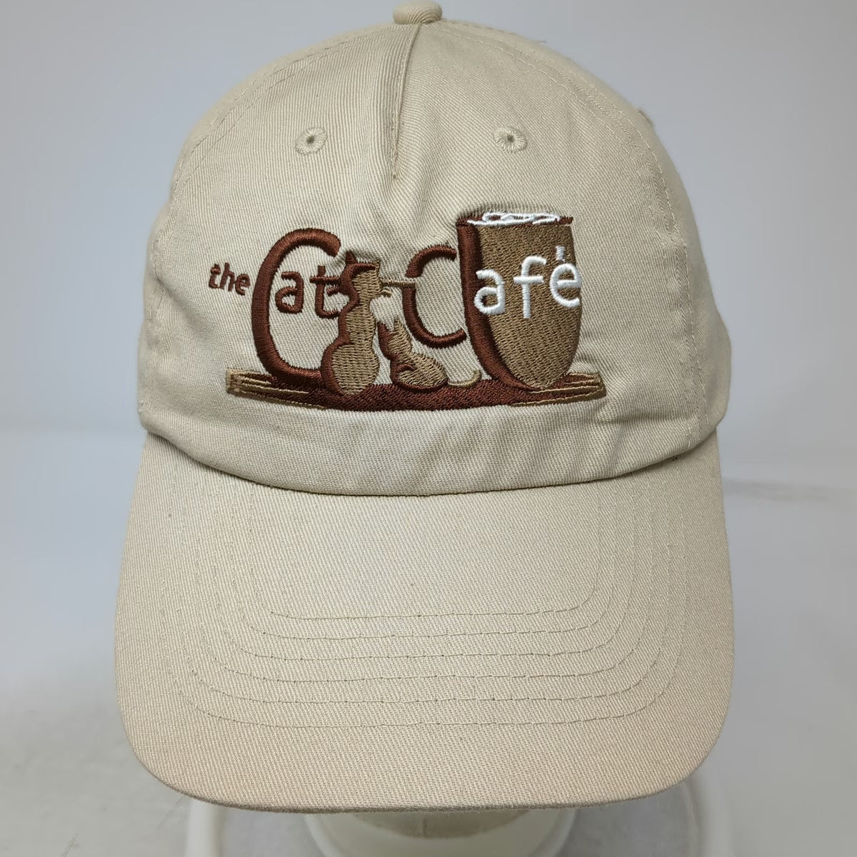 Hit Wear 5 Panel Beige One Size Cat Cafe Logo Embroidered Cotton Strapback Hat