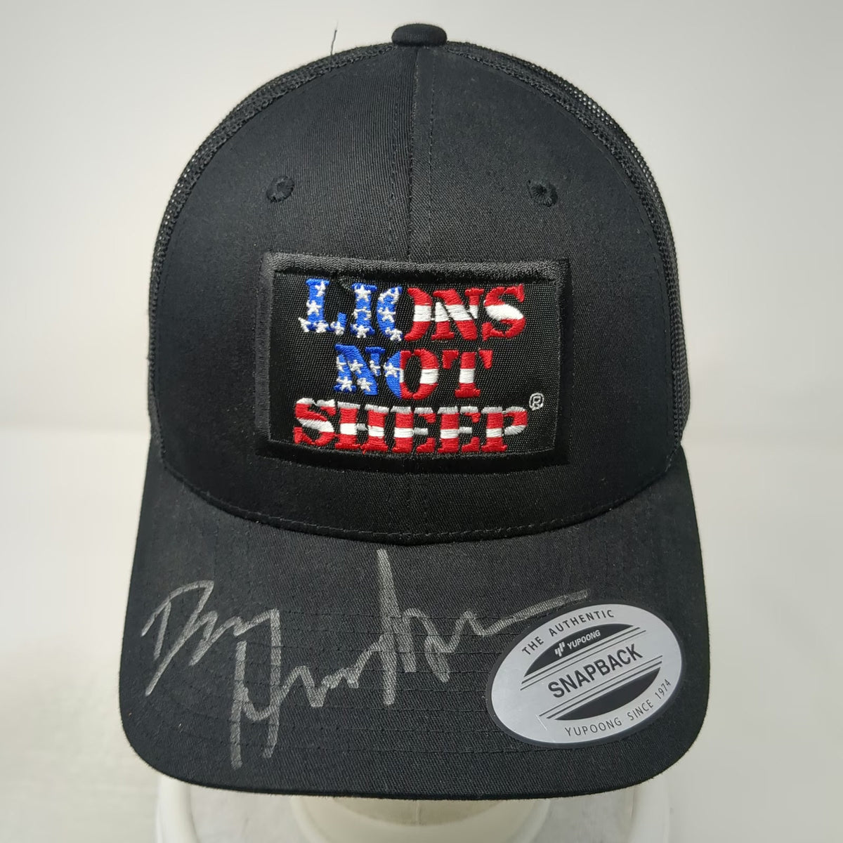 Lions Not Sheep Trucker Hat Black One Size Autographed Hendo US Flag Patch Hat