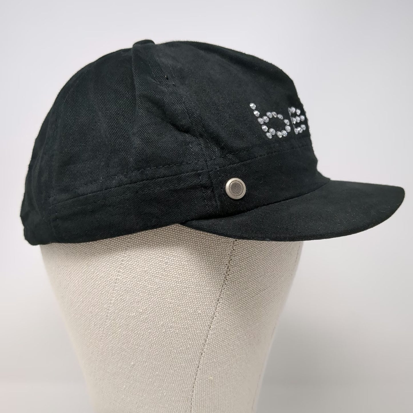 Bebe Army Cap Black One Size Rhinestone Logo Side Vents Slideback Cotton Hat