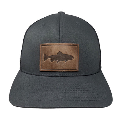 Yupoong Men's Snapback Mesh Back Trucker Hat Gray Patch Fish Logo