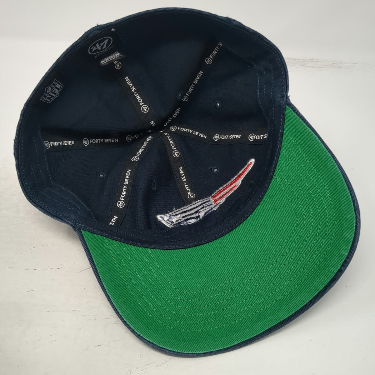New England Patriots NFL '47 Blue Small Cap Hat Green Underbrim Fitted Logo