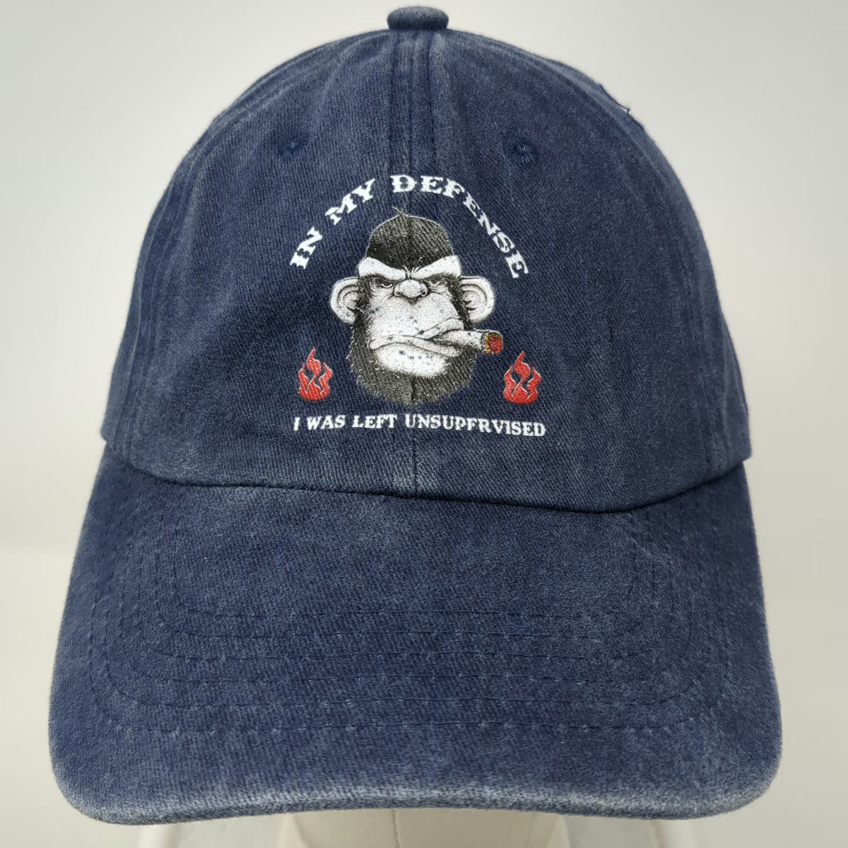 Blue Baseball Cap One Size Hat Monkey Smoking Cigar In My Defense Funny Quote